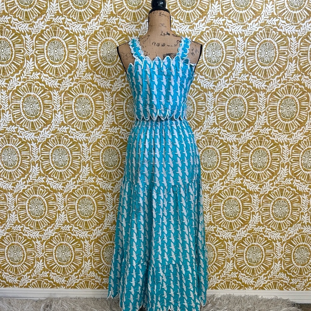 Victoria Dunn Lupine Scalloped Cotton Crane Print Top Skirt Set Sz XS RARE - Picture 11 of 15